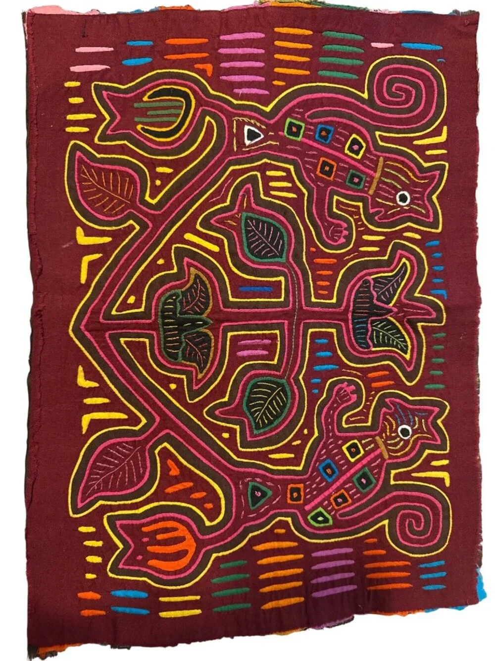 Handcrafted Mola Textile Art Panel With Lizard Design & Vibrant Colors On Burgun